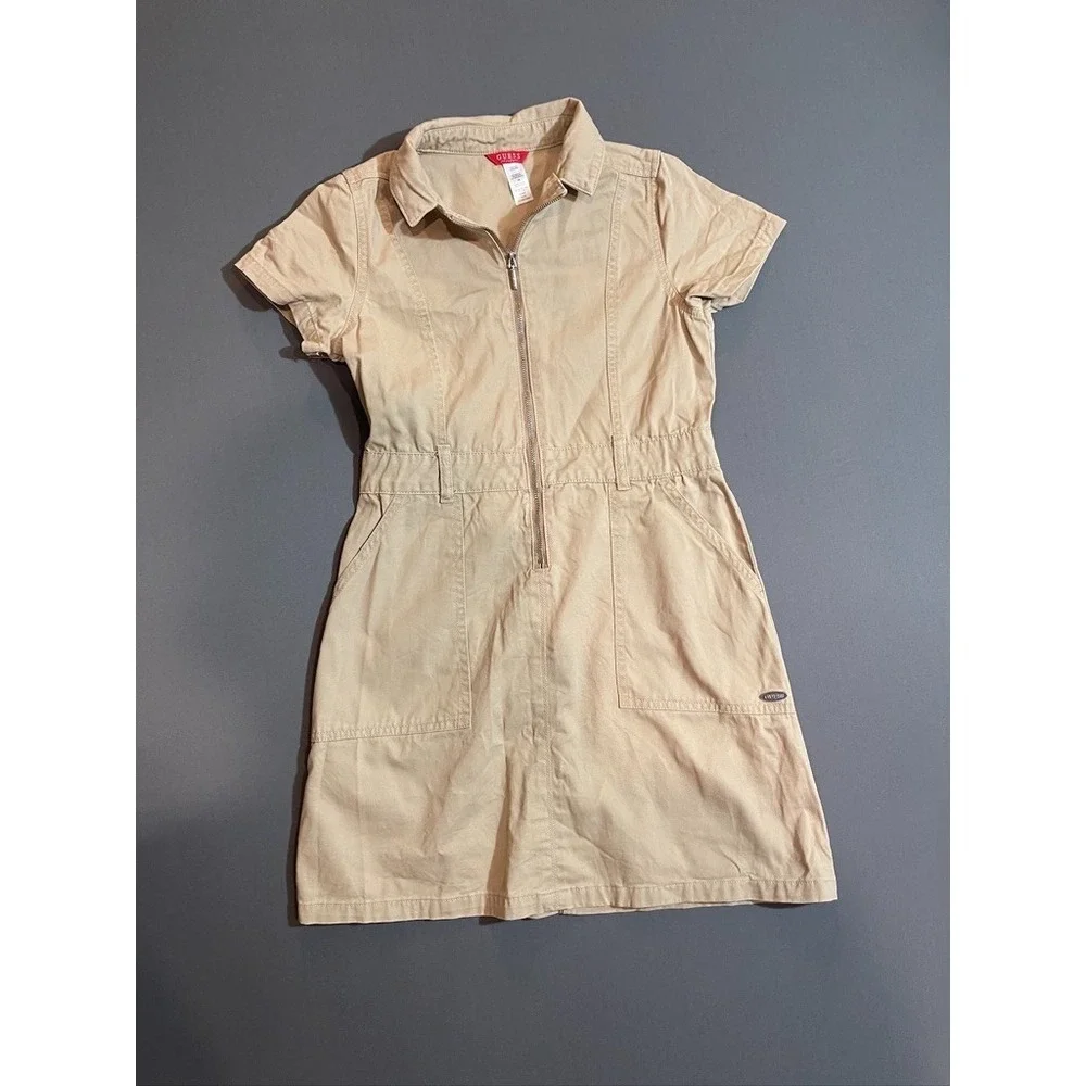 Girls Guess Vintage 90s  Khaki Cargo Utility Mini dress with pockets size 12